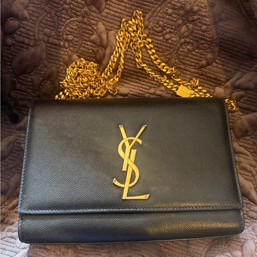 Saint Laurent Black Leather Crossbody with Gold YSL Chain